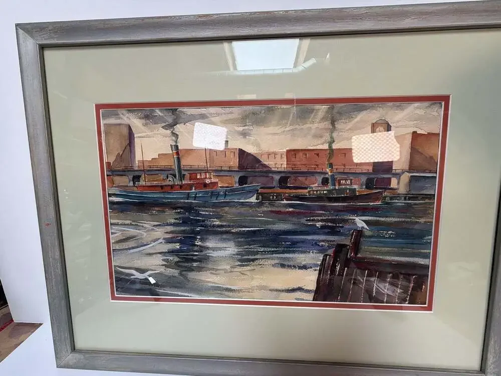 Vintage Watercolor Painting Bridgeport Harbor by Henry E. Walsh